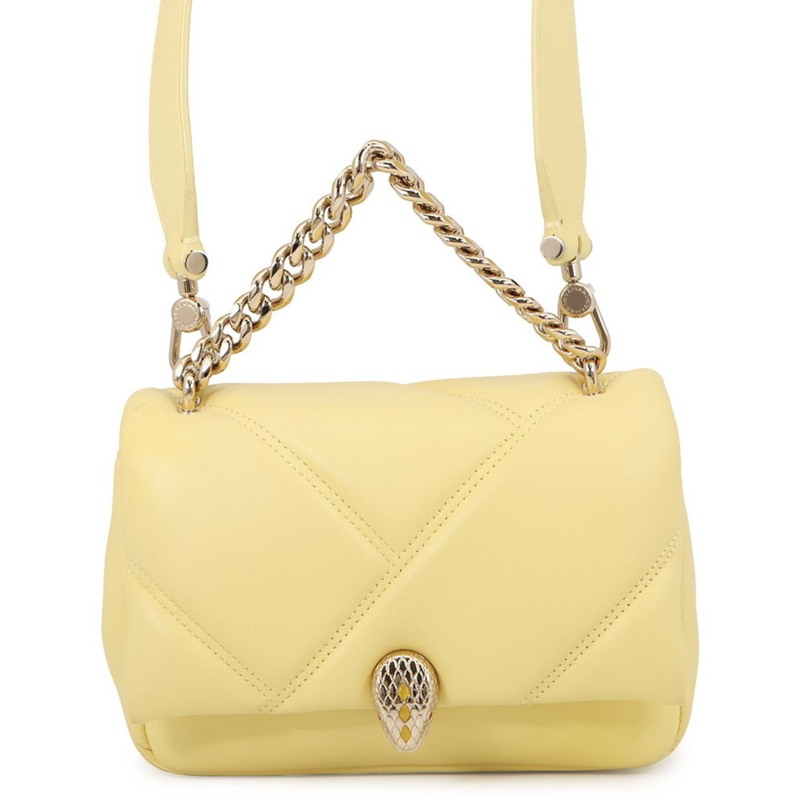 Bvlgari leather shoulder bag handbag: Bvlgari leather shoulder bag handbag Yellow Bvlgari leather shoulder bag with gold hardware, measuring 12.5cm x 17cm x 5.5cm in size. This Italian-made handbag features high-quality leather and