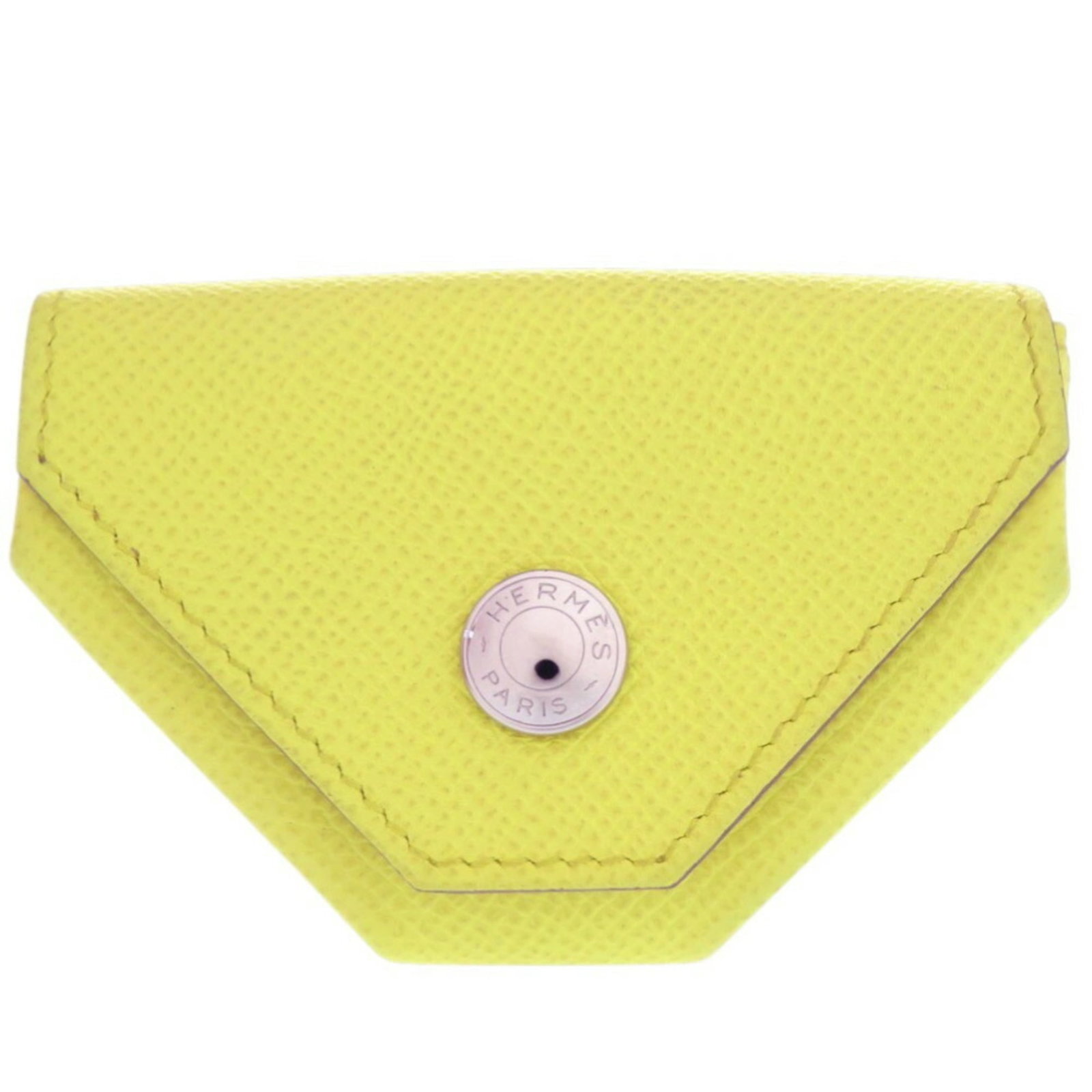 Hermes Coin Purse/ Coin Case Epsom Leather: Hermes Coin Purse/ Coin Case Epsom Leather Epsom leather craftsmanship shines in this compact coin purse from Hermes, featuring a lime color and precise measurements. The sleek design and sturdy const