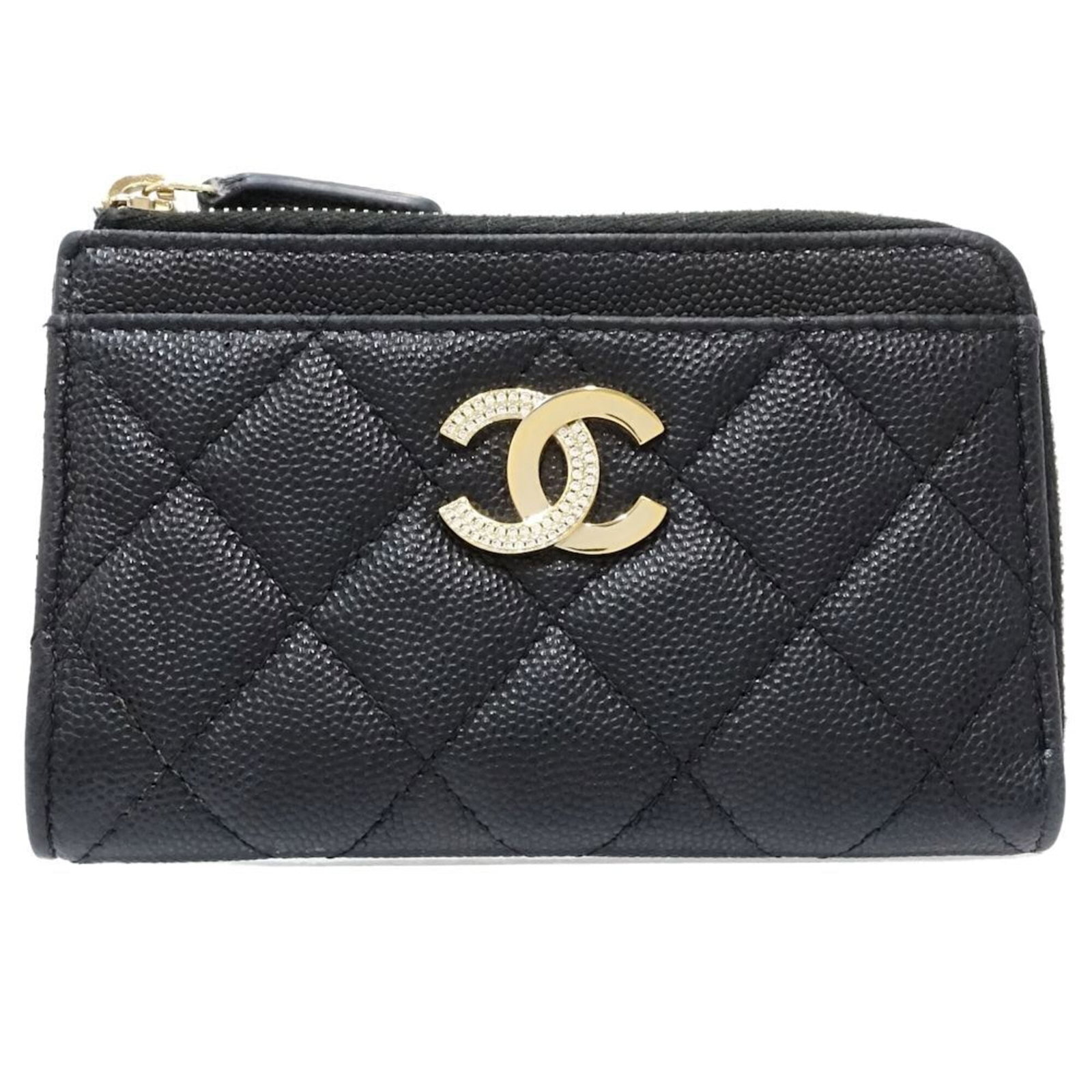 Calfskin Wallet Bi Fold Rhinestone Grained Long Chanel: Calfskin Wallet Bi Fold Rhinestone Grained Long Chanel Calfskin wallet with bi-fold design, featuring rhinestone grain pattern and long style. Made from high-quality grained calfskin material, this el