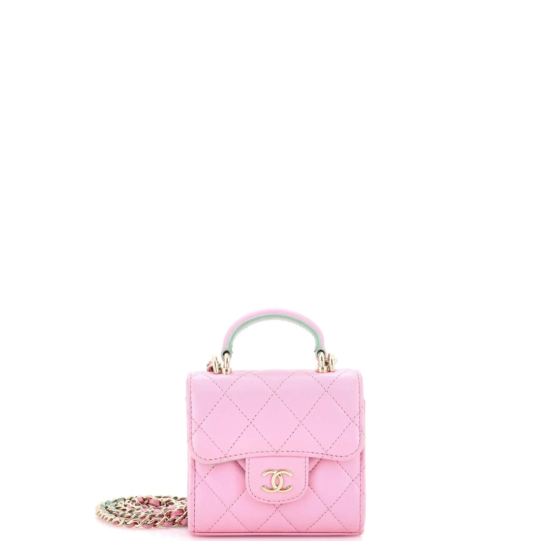 Lambskin chain quilted clutch top flap handle classic square Chanel: Lambskin chain quilted clutch top flap handle classic square Chanel Pink lambskin chain quilted square classic flap top handle clutch with gold tone hardware. This Chanel cross body bag features
