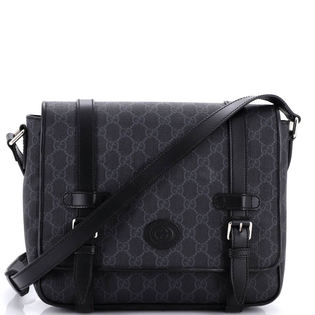 Interlocking G Patch Messenger Bag GG Coated Canvas with Leather Medium: Interlocking G Patch Messenger Bag GG Coated Canvas with Leather Medium Canvas Coated Messenger Bag with Interlocking G Patch, featuring Gucci's signature style and GG Coated canvas exterior in black.
