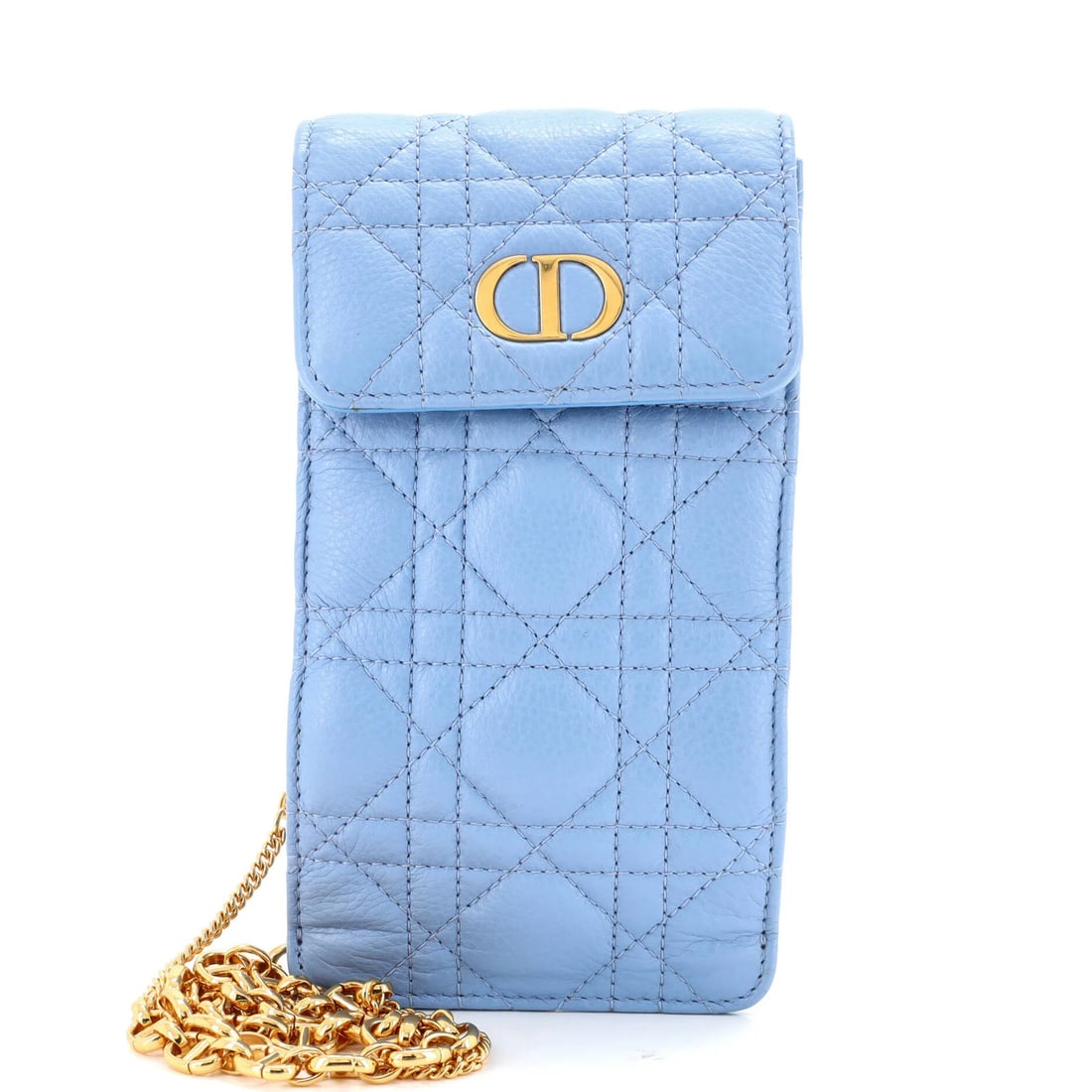 Caro Quilt Calfskin Cannage Chain Holder Dior Christian Phone: Caro Quilt Calfskin Cannage Chain Holder Dior Christian Phone The Caro Quilt Calfskin Cannage Chain Holder Dior features a striking blue exterior with minor scuffs and creases, showcasing the rich