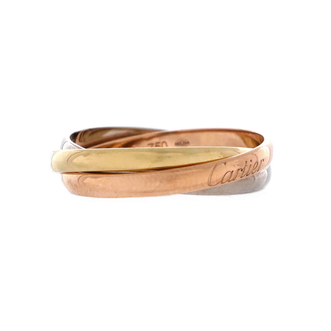 Tricolor gold small Cartier ring 18k.: Tricolor gold small Cartier ring 18k. 18k Tricolor Gold Cartier Trinity Ring - A stunning small ring featuring the iconic tricolor gold design, crafted from 18k rose gold, white gold, and yellow gold.