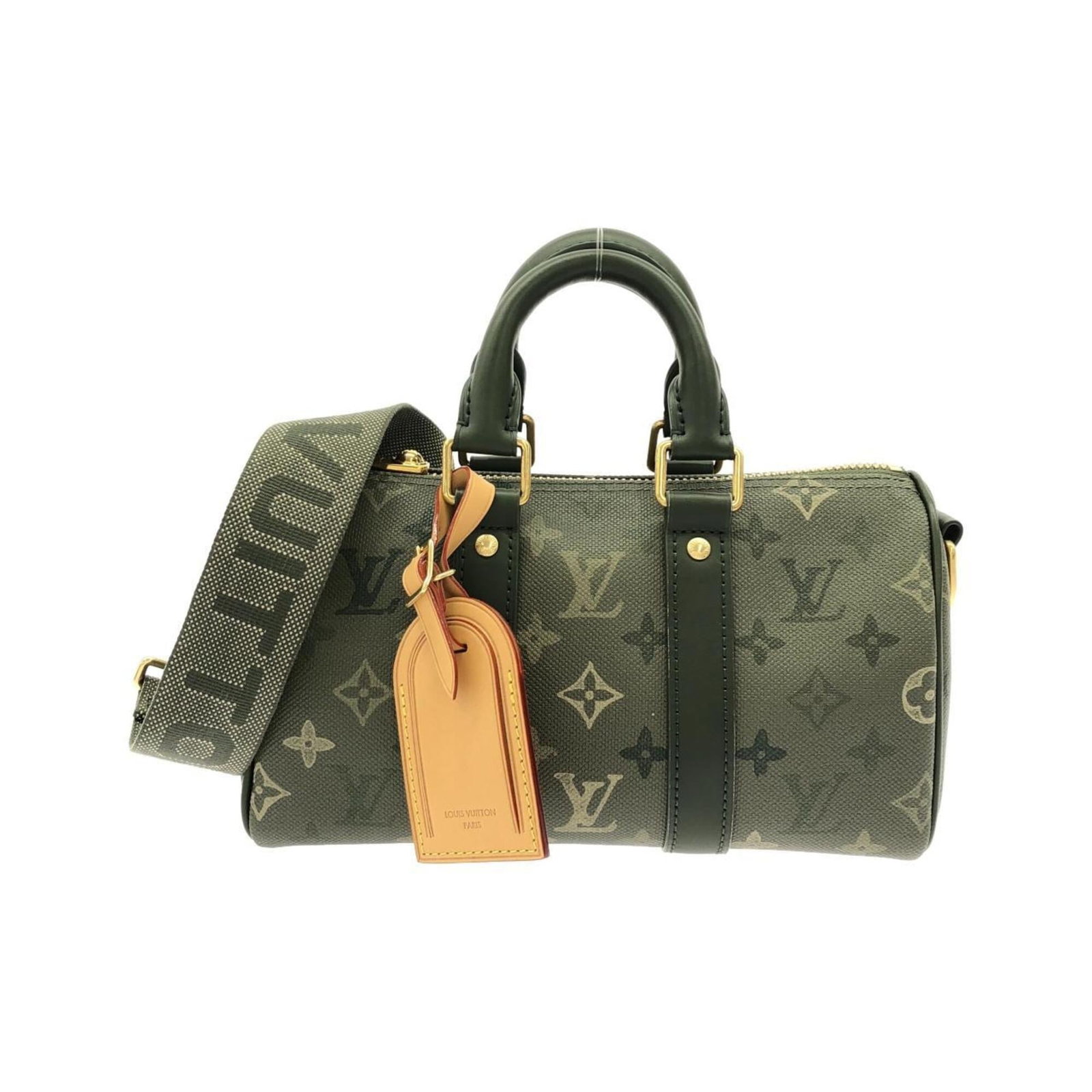 Boston Bag Coated Canvas by Louis Vuitton: Boston Bag Coated Canvas by Louis Vuitton Boston Bag Coated Canvas by Louis Vuitton boasts a unique khaki color and matte gold hardware, adding an edgy touch to its classic design. Made from coated ca