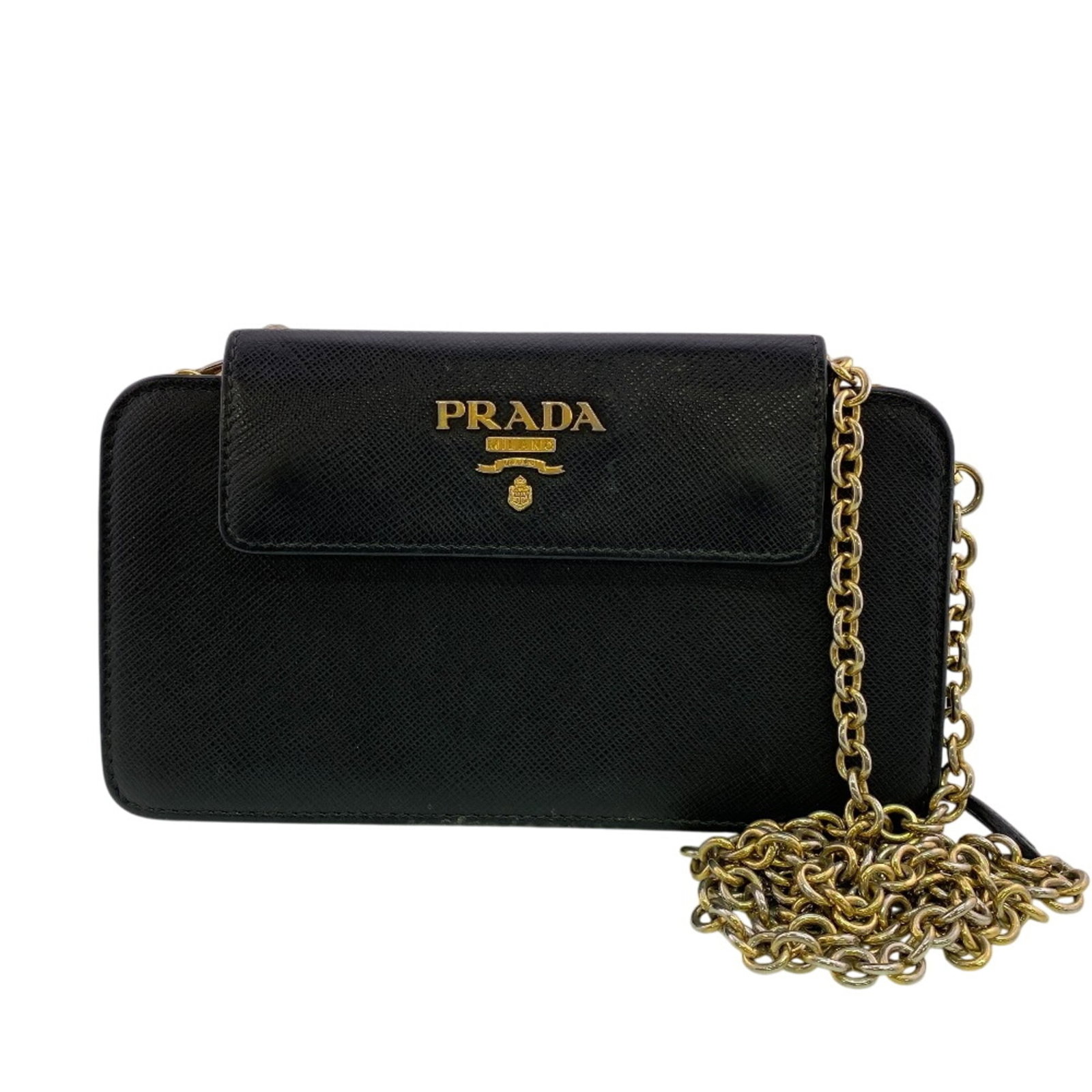 Chain leather wallet shoulder Prada: Chain leather wallet shoulder Prada Chain leather wallet shoulder from Prada, featuring a sleek black design with precise measurements at 11cm x 18cm. This stylish accessory combines classic elegance 
