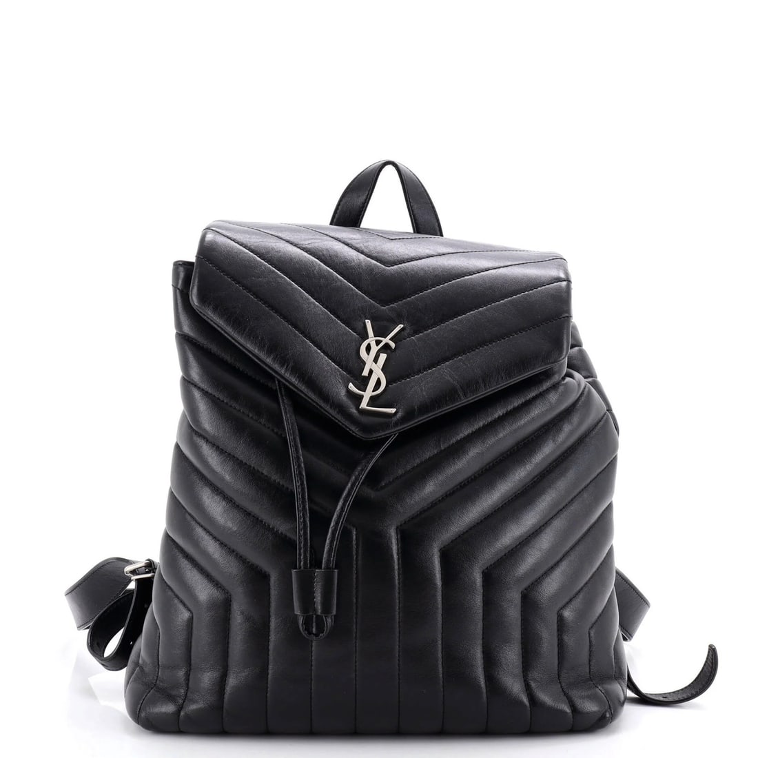 Leather Chevron Matelasse Medium LouLou by Saint Laurent: Leather Chevron Matelasse Medium LouLou by Saint Laurent Black leather LouLou backpack with matelasse chevron design, medium size, and silver hardware. The exterior shows signs of wear, including