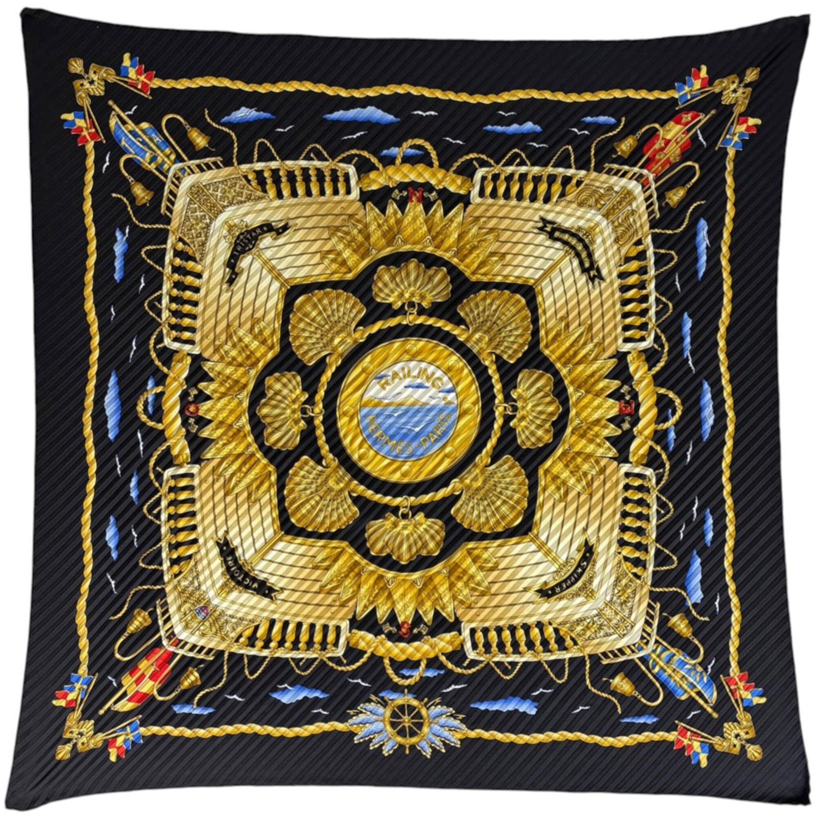 Hermes Silk Scarf: Hermes Silk Scarf Black and multi-color silk scarf from the renowned French fashion house Hermes, measuring 89cm x 90cm. This luxurious silk scarf boasts exceptional craftsmanship and a timeless
