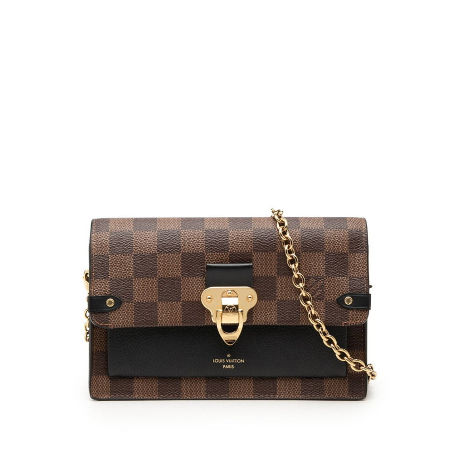 Louis Vuitton PVC Leather Bag Shoulder: Louis Vuitton PVC Leather Bag Shoulder This Louis Vuitton PVC Leather Shoulder Bag features a sleek black and brown Damier design, with a sturdy magnet closure. Measuring 12.5cm x 19cm x 6cm, it has
