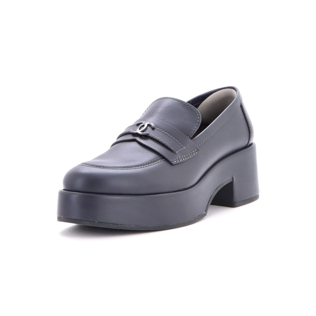 Platform loafers leather women's by Chanel: Platform loafers leather women's by Chanel Gray leather platform loafers with a sleek design, featuring a signature logo on the exterior and matching interior. These shoes have a classic style with a 