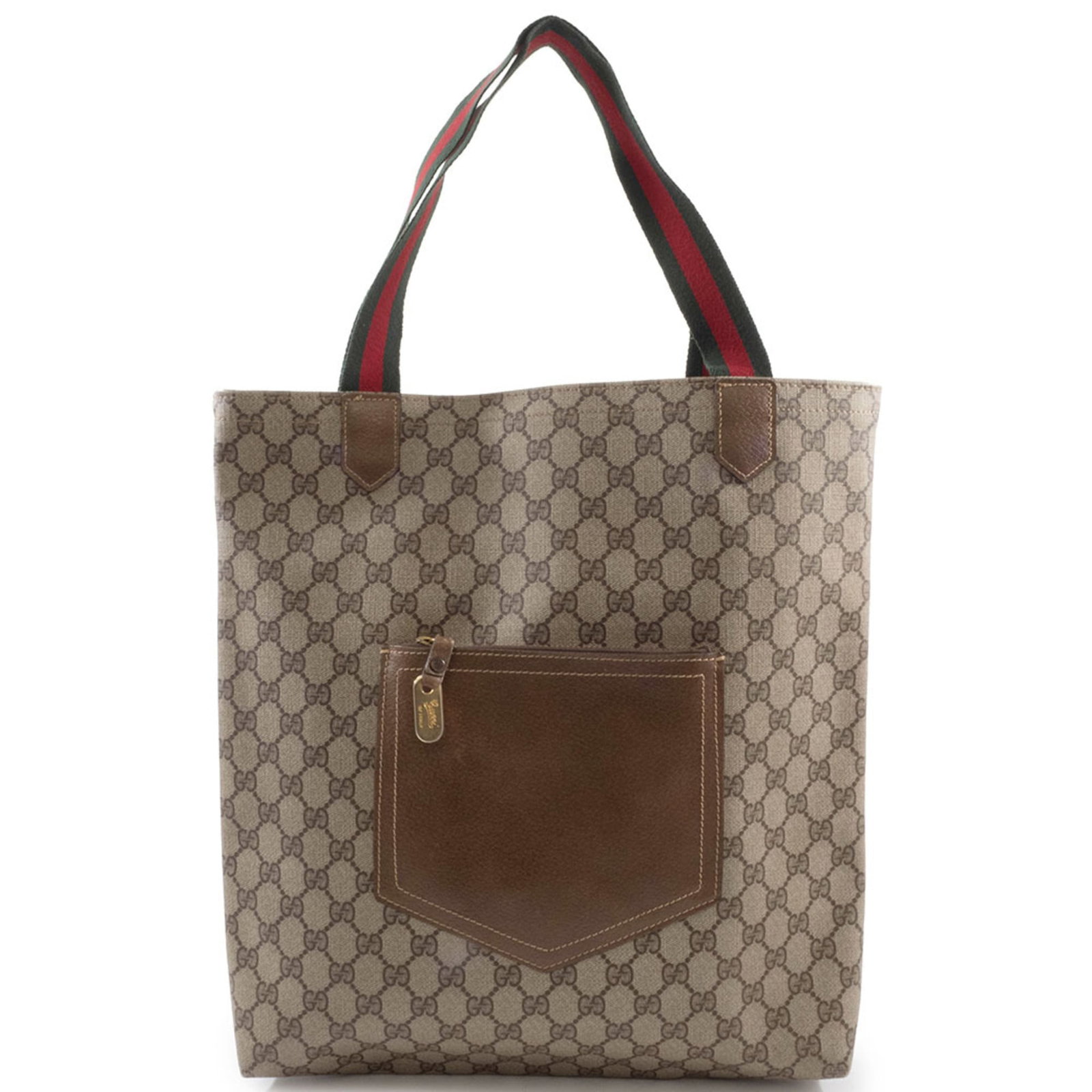 Gucci Tote Leather Bag: Gucci Tote Leather Bag The Gucci Tote Leather Bag boasts a rich brown leather exterior, perfectly complemented by its open closure. Measuring 38cm x 33cm x 5cm, it features a sturdy handle that extend