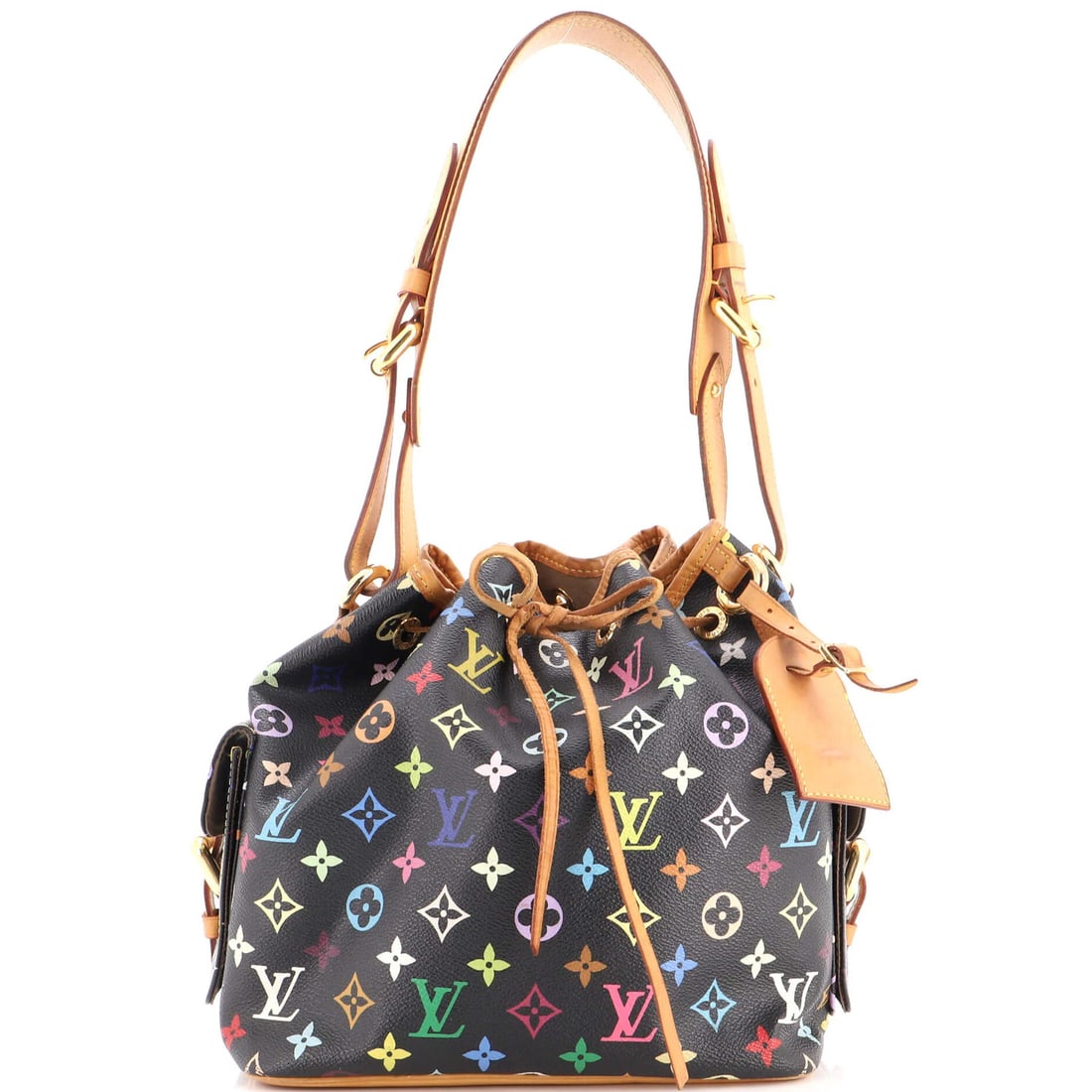 Louis Vuitton Petit Noe Handbag Monogram Multicolor: Louis Vuitton Petit Noe Handbag Monogram Multicolor Canvas Coated Louis Vuitton Petit Noe Handbag Monogram Multicolor in Black, featuring the iconic multicolored monogram pattern. This classic bucket 