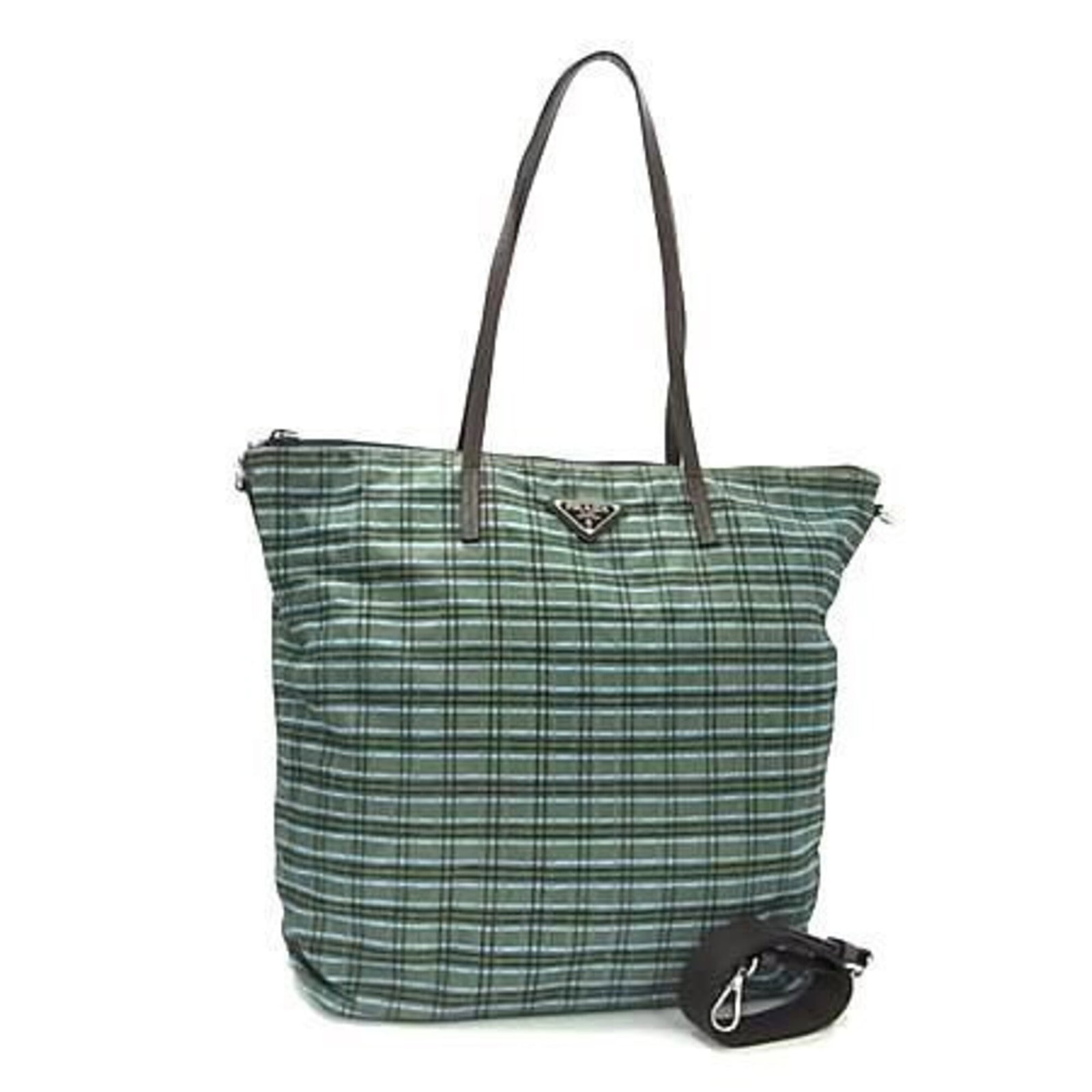 Shoulder Bag Nylon Prada: Shoulder Bag Nylon Prada This Prada shoulder bag is made from durable nylon, featuring a classic design with a brown and green color combination. Measuring 35cm x 32.5cm x 14cm, it has a sleek