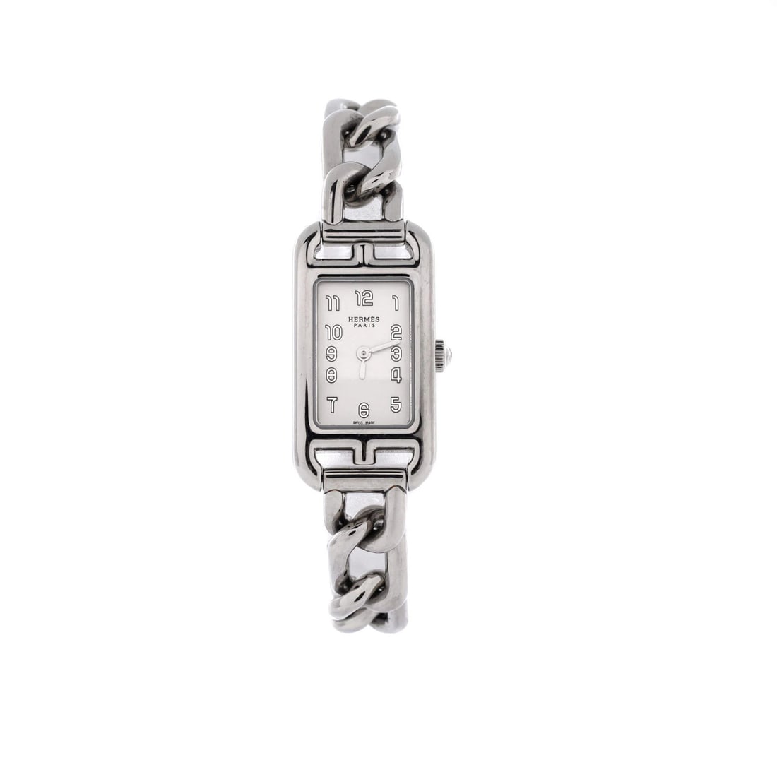 Stainless Steel 17 Quartz Watch Nantucket Hermes: Stainless Steel 17 Quartz Watch Nantucket Hermes Stainless Steel 17 Quartz Watch Nantucket Hermes - A stylish timepiece with a silver band, measuring 6.0" in wrist circumference, featuring a stainless