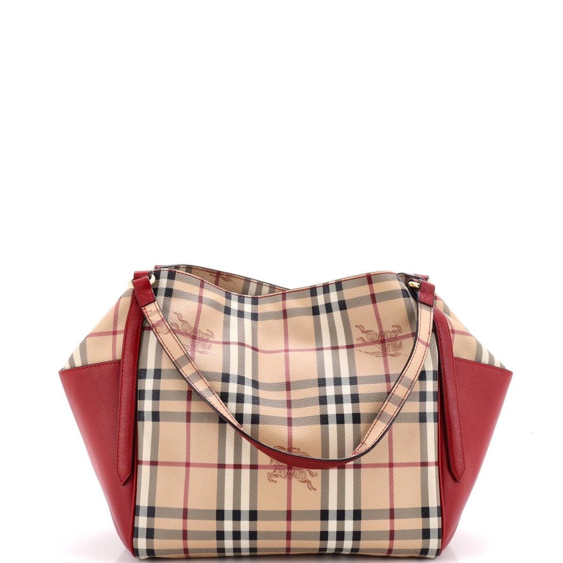 Canvas Tote Panels Leather Coated Small Burberry Haymarket: Canvas Tote Panels Leather Coated Small Burberry Haymarket Small, stylish, and made to last, this Burberry Haymarket Panels Tote features a durable leather exterior with a subtle sheen. The classic de