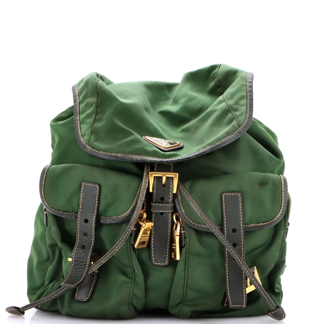 Prada Double Front Pocket Backpack Tessuto Medium: Prada Double Front Pocket Backpack Tessuto Medium The Prada Double Front Pocket Backpack Tessuto Medium boasts a striking green vinyl exterior with double front pockets for added functionality. Measur