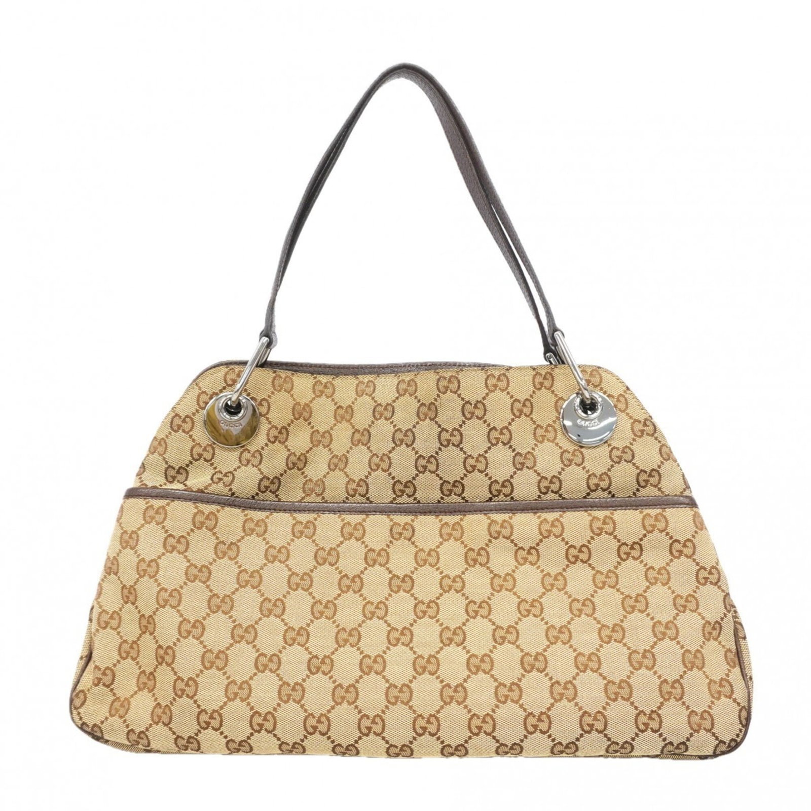 Canvas Shoulder Bag: Canvas Shoulder Bag Canvas Shoulder Bag in Brown with Silver Hardware. This Gucci MPN 121023 shoulder bag features canvas material, brown color, and silver hardware, measuring 24cm x 40cm x 7cm. The b