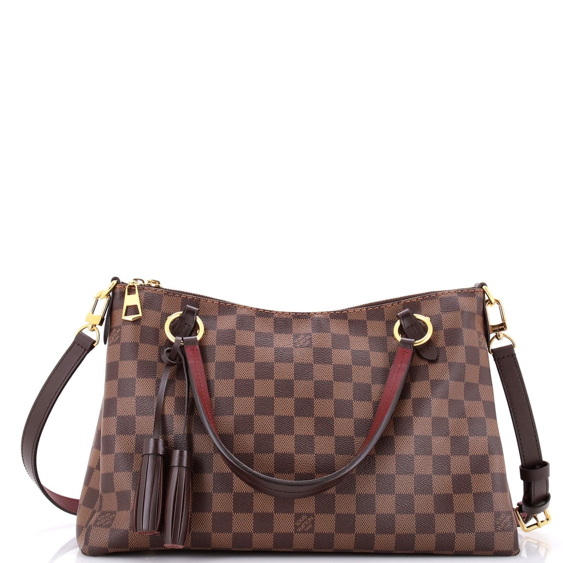 Vuitton Handbag Louis Damier Lymington: Vuitton Handbag Louis Damier Lymington Brown Louis Vuitton Lymington Handbag with Damier Exterior, featuring a canvas coated style and gold hardware. The bag has a shoulder strap with a tassel and