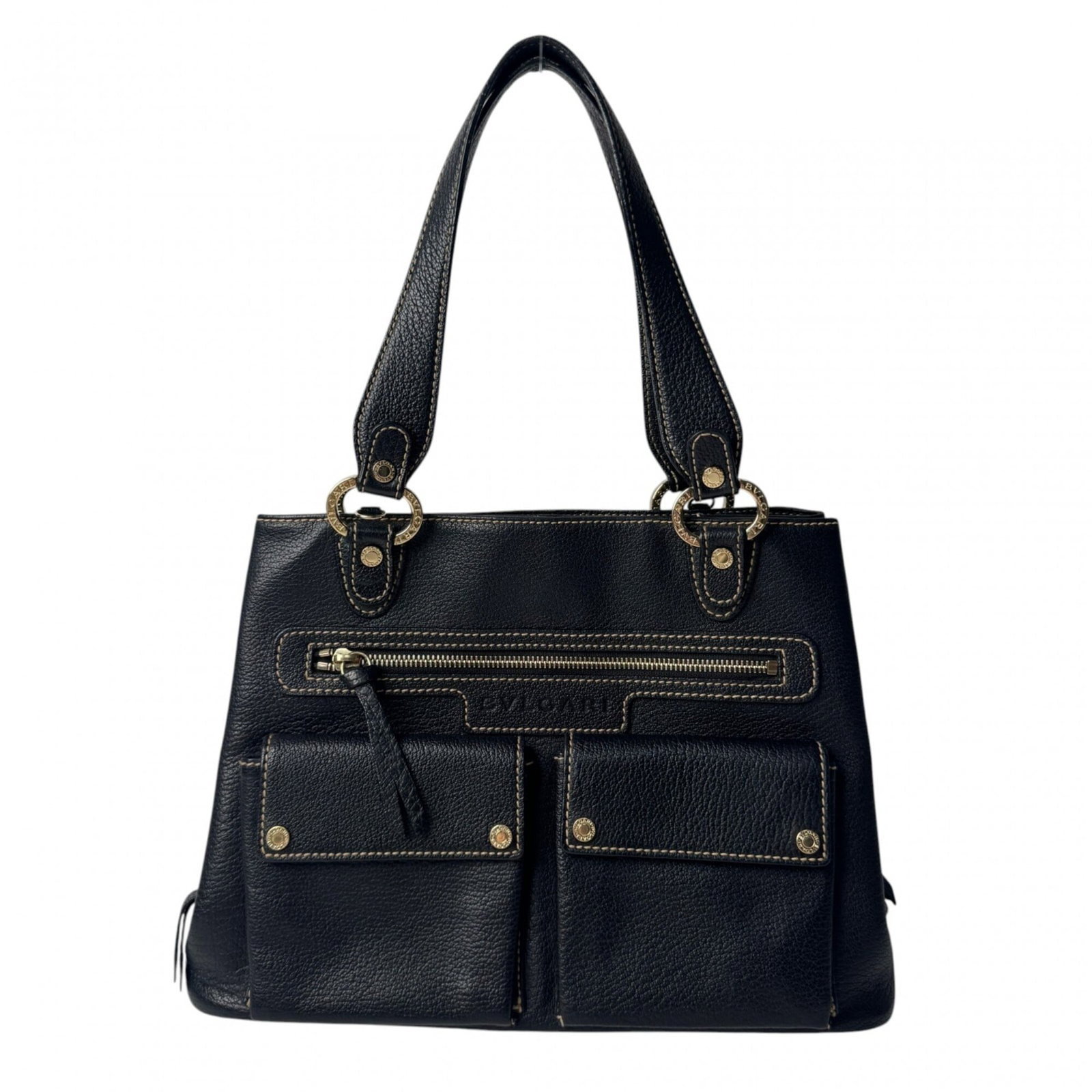 Bvlgari Handbag Leather: Bvlgari Handbag Leather Bvlgari Handbag Leather - A sleek and sophisticated black leather handbag from the renowned Italian luxury brand. Measuring 23cm x 33cm x 10cm, its compact size makes it