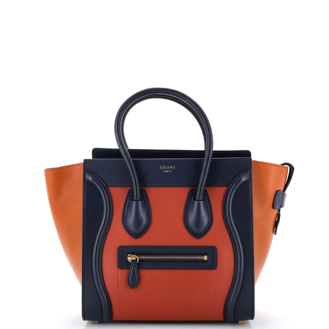 Leather Celine Luggage Tricolor Micro Bag: Leather Celine Luggage Tricolor Micro Bag Orange Tricolor Leather Celine Micro Bag. This vibrant orange leather tote features the iconic tricolor design, with scuffs and creases adding a touch of wear