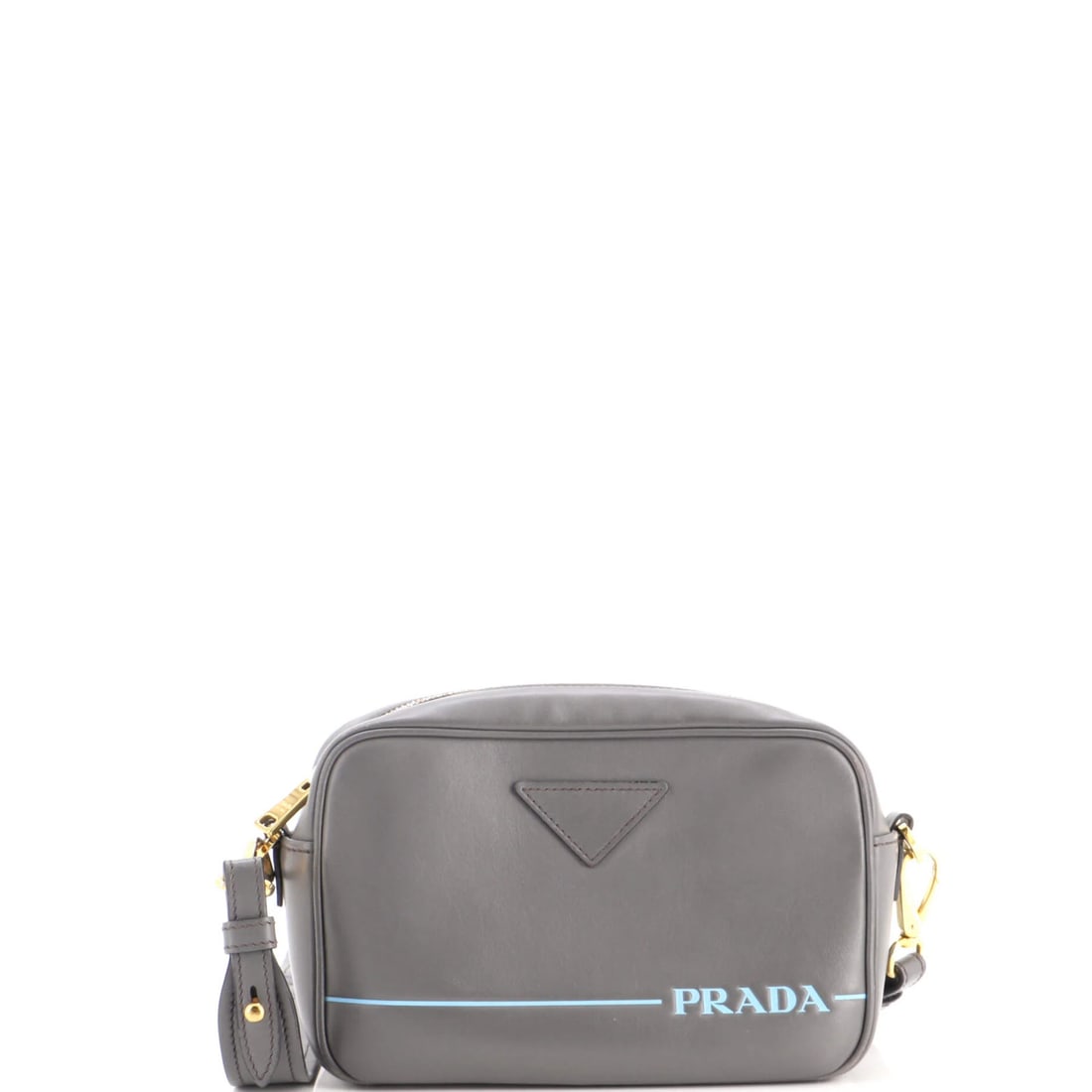 Prada Mirage Camera Bag Leather Small: Prada Mirage Camera Bag Leather Small The Prada Mirage Camera Bag Leather Small features a sleek gray leather exterior with gold hardware, complemented by a black interior. Measuring 5" x 8.5" x 3",