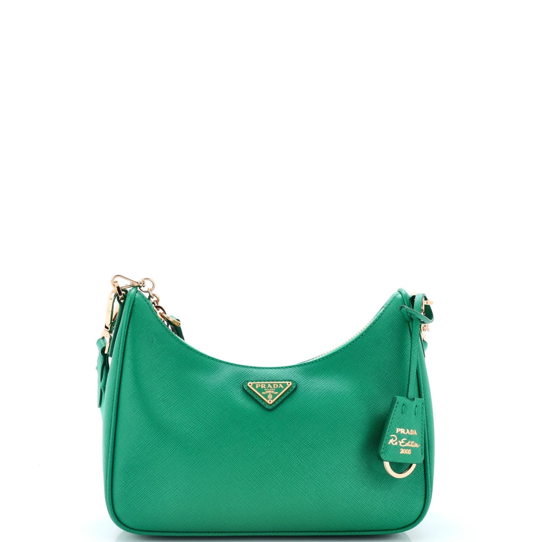 Saffiano leather small shoulder bag re-edition 2005 Prada: Saffiano leather small shoulder bag re-edition 2005 Prada Saffiano leather, a signature Prada material, adorns this re-edition 2005 small shoulder bag. The exterior green color and gold tone hardware