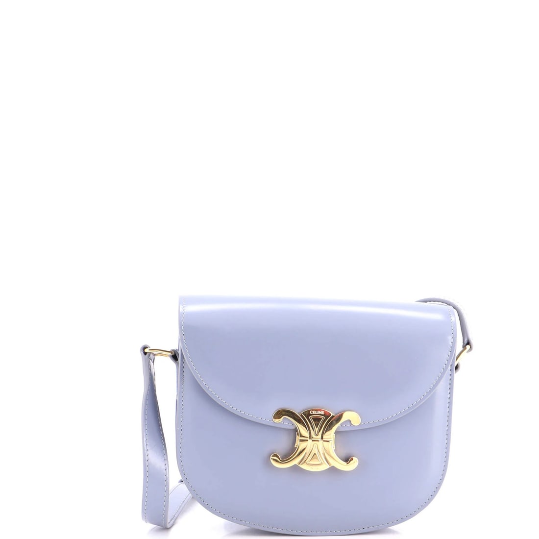 Celine Triomphe Besace Clea Flap Bag Leather: Celine Triomphe Besace Clea Flap Bag Leather Blue Celine Triomphe Besace Clea Flap Bag Leather, featuring a classic shoulder design with gold hardware and interior. Measuring approximately 6" height,