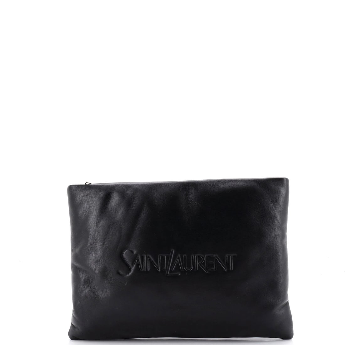 Logo Puffy Pouch Saint Laurent Large Embossed Leather: Logo Puffy Pouch Saint Laurent Large Embossed Leather Black Logo Puffy Pouch Saint Laurent Large Embossed Leather Clutch features heavy corner wear, scuffs, edge wear, and minor creases on its