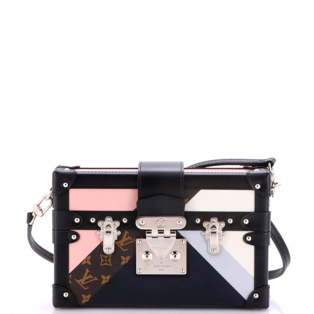 Louis Vuitton Petite Malle Handbag Patchwork Leather: Louis Vuitton Petite Malle Handbag Patchwork Leather The Louis Vuitton Petite Malle Handbag Patchwork Leather features a unique multicolor exterior with black, blue, brown, gray, and pink hues. This s