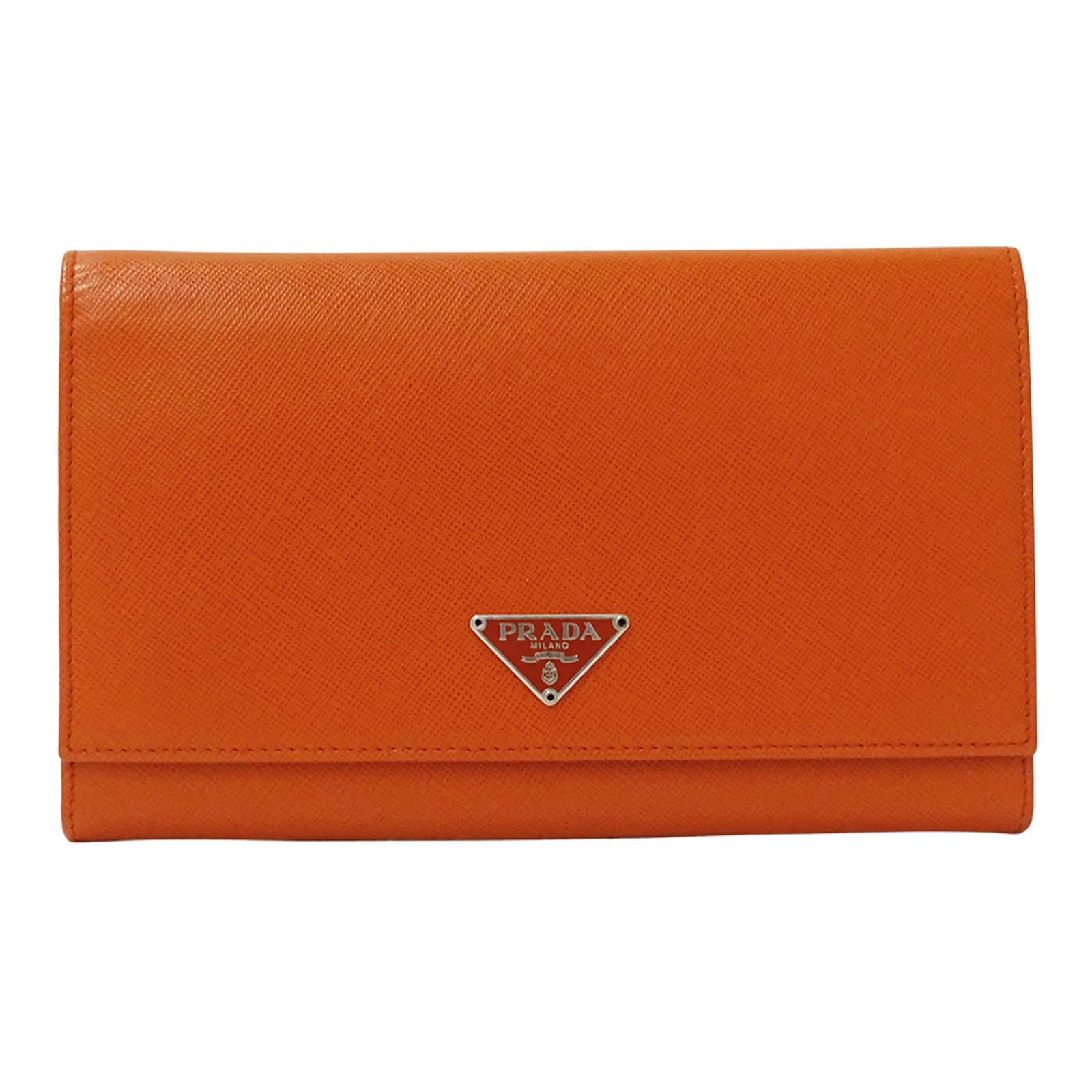 Prada Long Wallet (Bi-Fold) Leather: Prada Long Wallet (Bi-Fold) Leather Orange Saffiano leather bi-fold wallet from Prada, measuring 11.5cm x 18.5cm x 2cm in size. This long wallet features high-quality leather construction and a distin