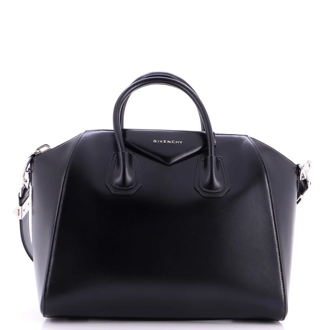 Glazed Leather Medium Antigona Bag Givenchy: Glazed Leather Medium Antigona Bag Givenchy Black Glazed Leather Medium Antigona Bag Givenchy. This medium-sized Antigona bag features scuffs, edge wear, corner wear, and minor creases on its