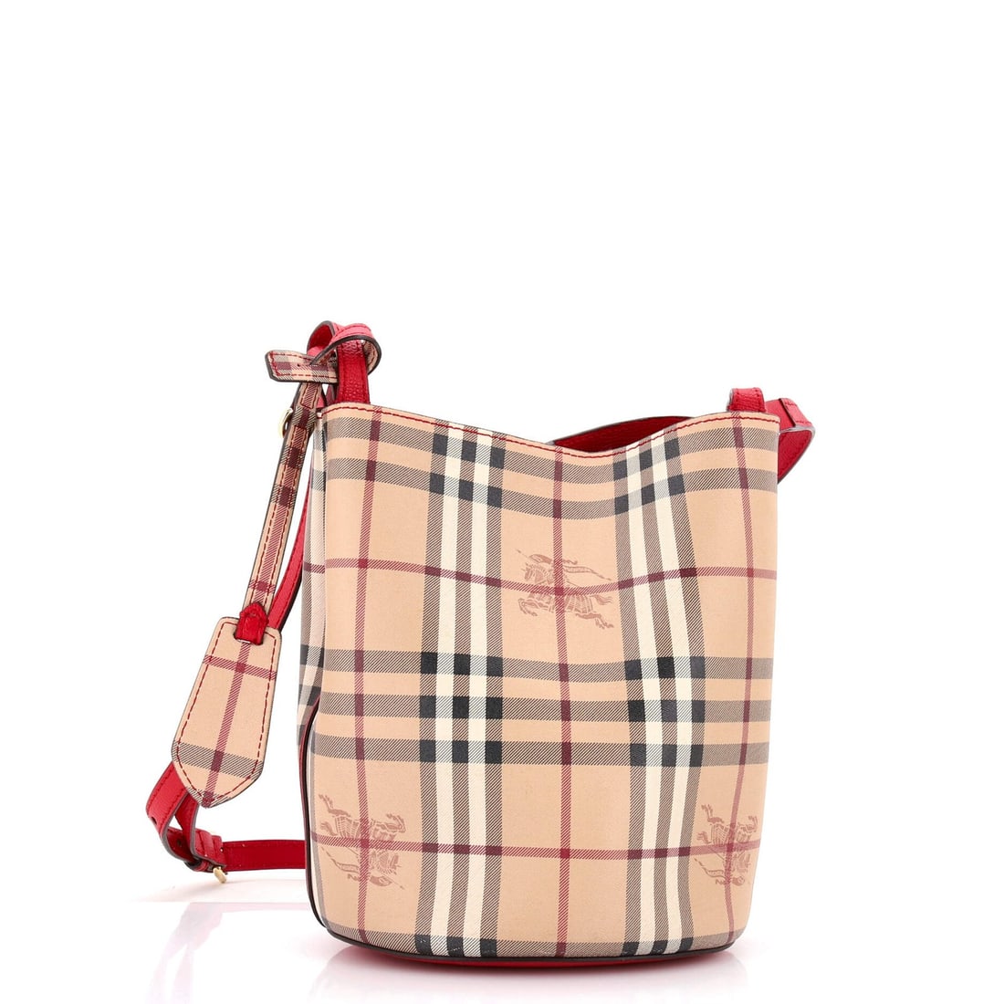 Burberry Coated Canvas Small Lorne Haymarket Bucket Bag: Burberry Coated Canvas Small Lorne Haymarket Bucket Bag The Burberry Coated Canvas Small Lorne Haymarket Bucket Bag boasts a striking red exterior, crafted from canvas coated leather. Measuring just 9