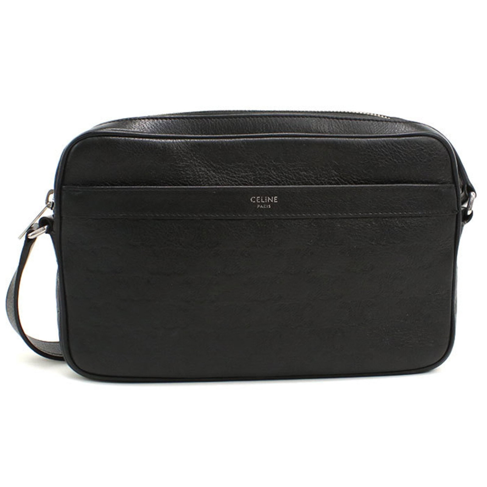 Celine Messenger Bag Shoulder Bag Leather: Celine Messenger Bag Shoulder Bag Leather Calfskin leather construction provides durability and sophistication. The sleek black design with silver hardware adds an air of elegance, while the compact