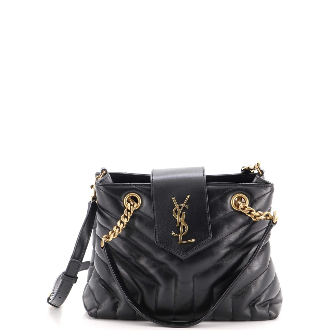 Chevron Small Saint Laurent LouLou Matelasse Leather Tote: Chevron Small Saint Laurent LouLou Matelasse Leather Tote Small Saint Laurent LouLou Matelasse Leather Tote with classic Chevron design, featuring black exterior and interior. Measuring 8" x 9.5" x
