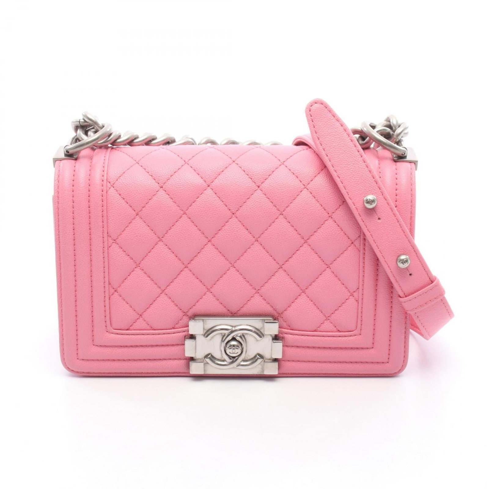 Calfskin handbag bag shoulder Chanel: Calfskin handbag bag shoulder Chanel Pink Grained Calfskin Shoulder Bag from Chanel. This stylish shoulder bag features a signature pink color and silver hardware, crafted from high-quality grained ca