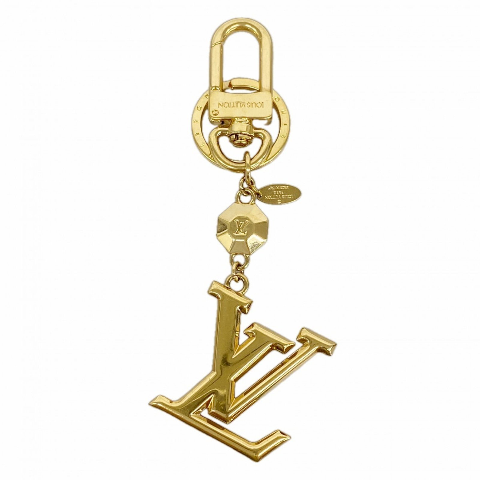 Louis Vuitton Keyring: Louis Vuitton Keyring The Louis Vuitton Keyring boasts a sleek gold finish, measuring 12cm in length and 4cm in width. This stylish accessory features a compact design with a subtle weight, making it 