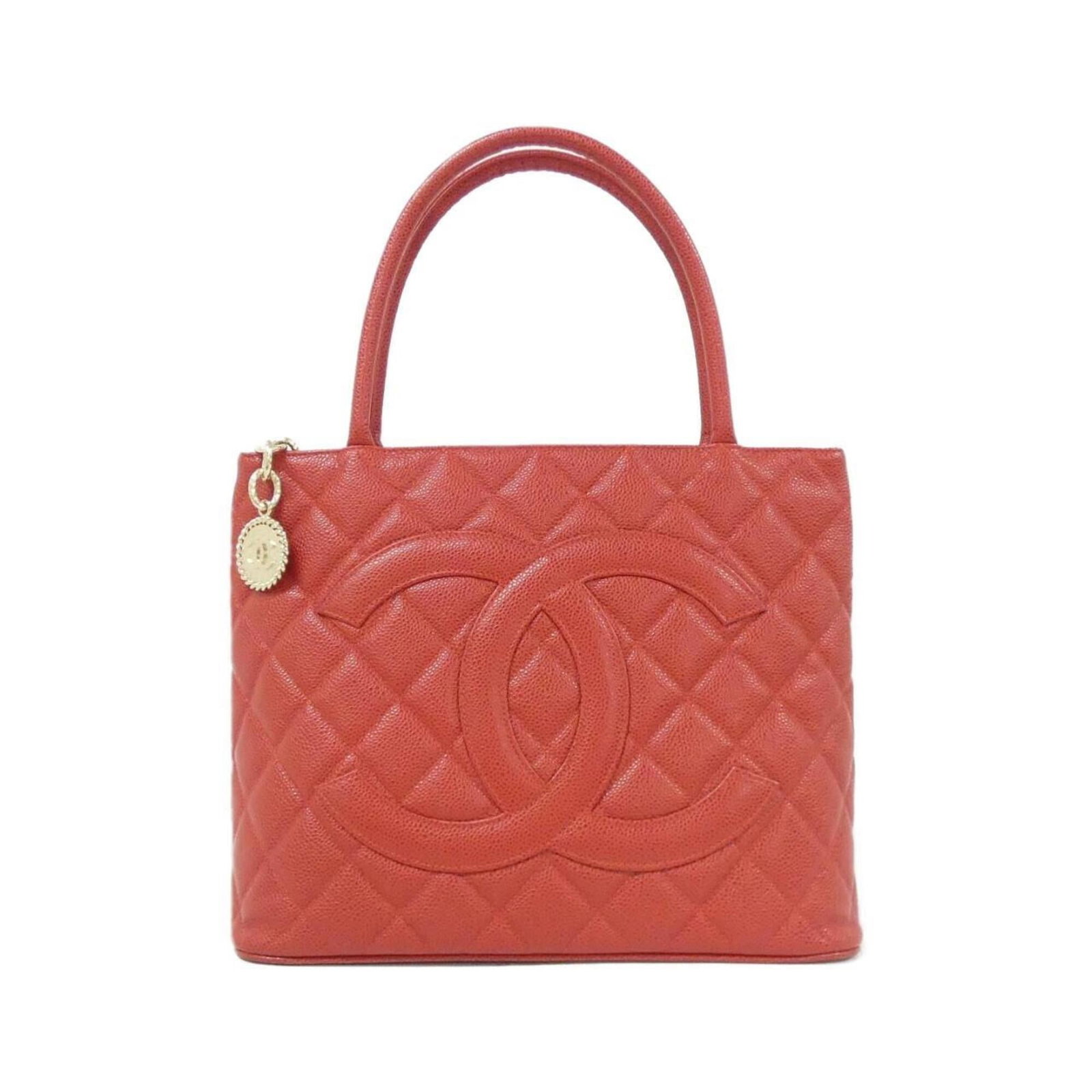 Calfskin Handbag by Chanel: Calfskin Handbag by Chanel Red Grained Calfskin Handbag with Gold Hardware, measuring 25cm x 30cm x 14cm and weighing 690g. This stylish handbag features a striking red color and gold hardware, making