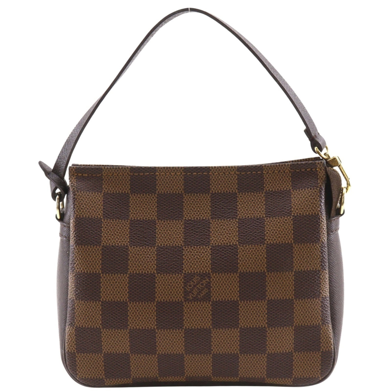 Canvas Damier Pouch Vuitton Louis: Canvas Damier Pouch Vuitton Louis Damier canvas, a classic Louis Vuitton pattern, adorns this stylish brown pouch. Measuring just 14cm x 16cm x 5.5cm, it's the perfect compact accessory for everyday u