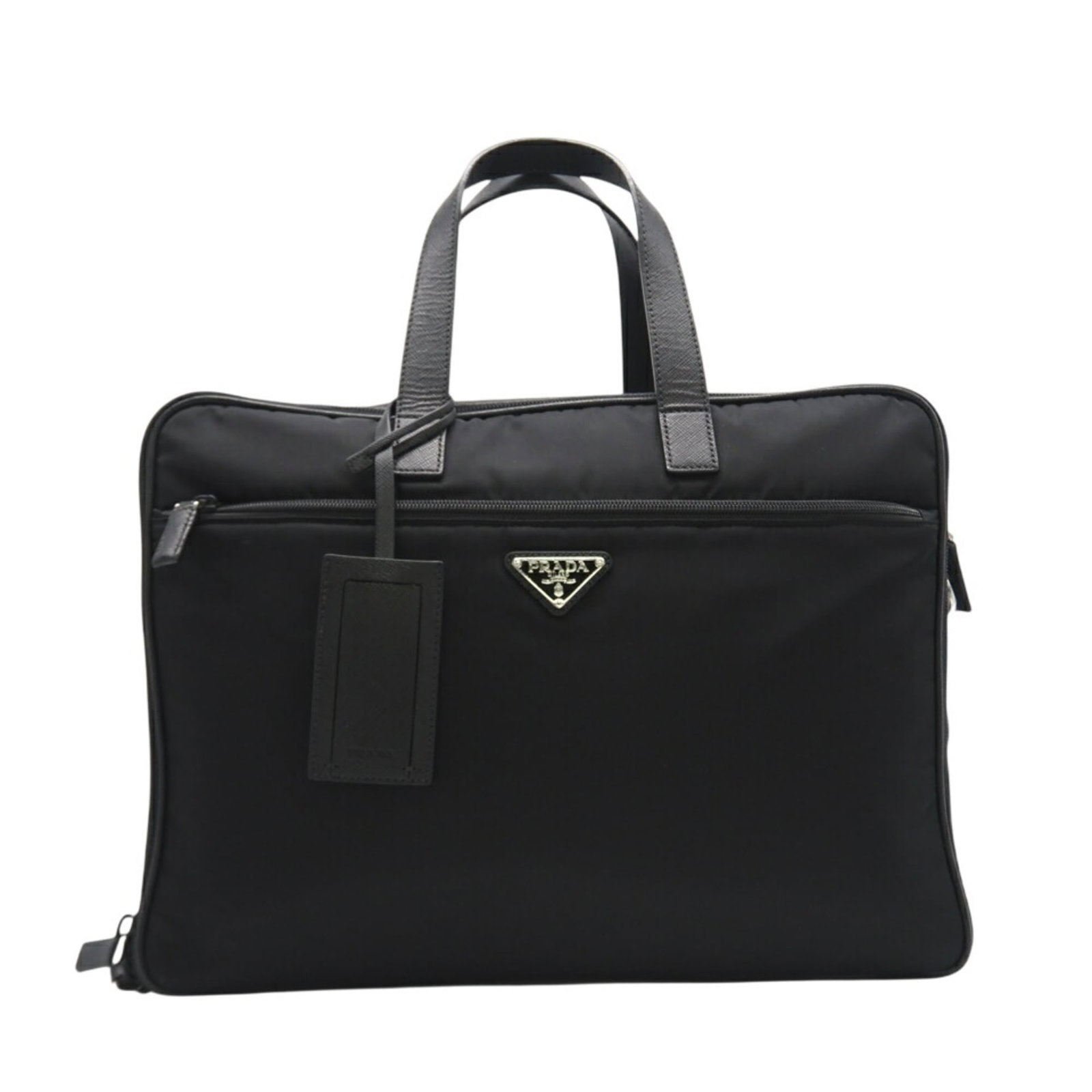 Briefcase Saffiano by Prada: Briefcase Saffiano by Prada Saffiano leather briefcase by Prada, featuring durable and water-resistant construction with a sleek black finish. Measuring 28cm x 39cm x 11cm, it has a sturdy strap