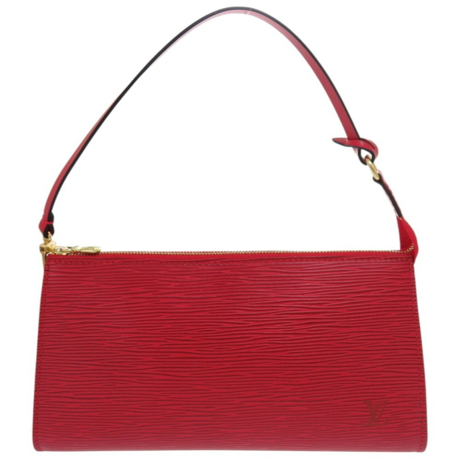 Epi Leather Pochette Pouch Louis Vuitton: Epi Leather Pochette Pouch Louis Vuitton Epi Leather Pochette Pouch by Louis Vuitton, crafted from high-quality Castilian red Epi leather, features a sleek gold zipper closure and measures 13cm x 24cm