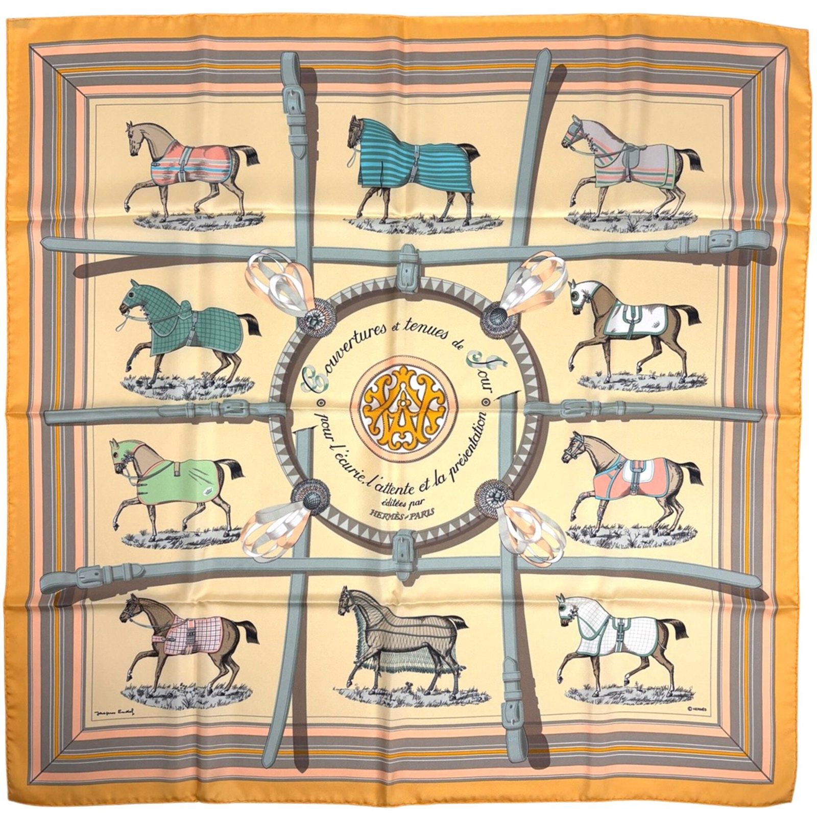 Hermes Silk Scarf: Hermes Silk Scarf Silk scarf from renowned luxury brand Hermes, featuring a vibrant multi-color design with an orange accent. Made from high-quality silk, this 90cm x 89cm scarf boasts a classic size 