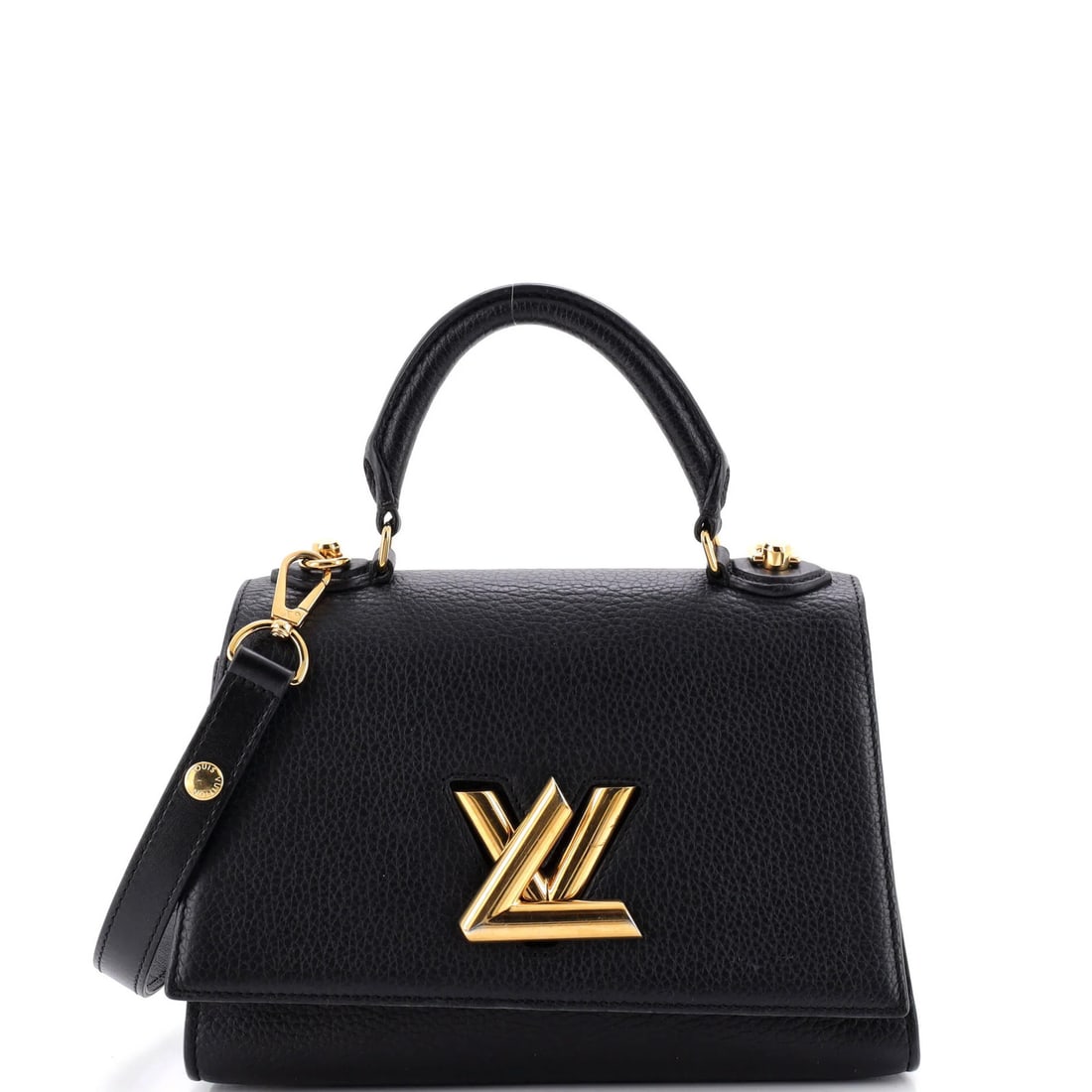 Twist One Handle Bag Taurillon Leather Louis Vuitton: Twist One Handle Bag Taurillon Leather Louis Vuitton Twist One Handle Bag in Black Taurillon Leather features a sleek design with a gold-tone hardware and purple interior. Measuring 7" tall, 9.5" wide