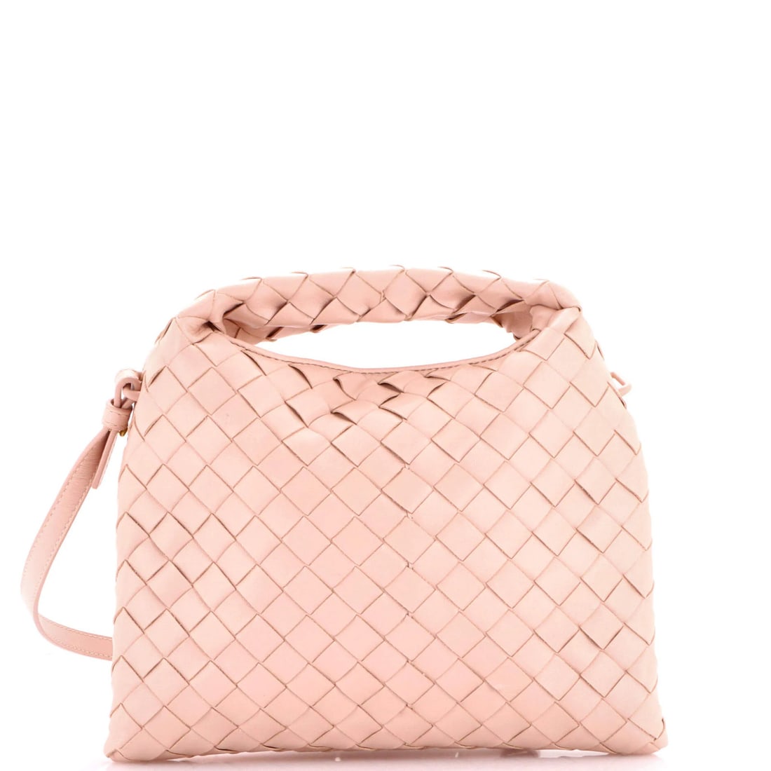 Veneta Bottega Hop Nappa Mini Intrecciato Handle Top Bag: Veneta Bottega Hop Nappa Mini Intrecciato Handle Top Bag Pink leather mini bag with an intrecciato top handle, featuring a classic Bottega Veneta design. The bag measures 6" tall and has a 3" drop,