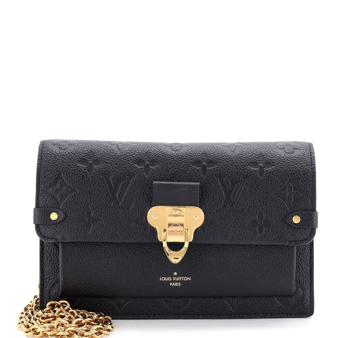 Louis Vuitton Vavin Chain Wallet NM Monogram Empreinte Leather: Louis Vuitton Vavin Chain Wallet NM Monogram Empreinte Leather Black Louis Vuitton Vavin Chain Wallet with Monogram Empreinte Leather, featuring minor creases on the exterior and scuffs on the interio