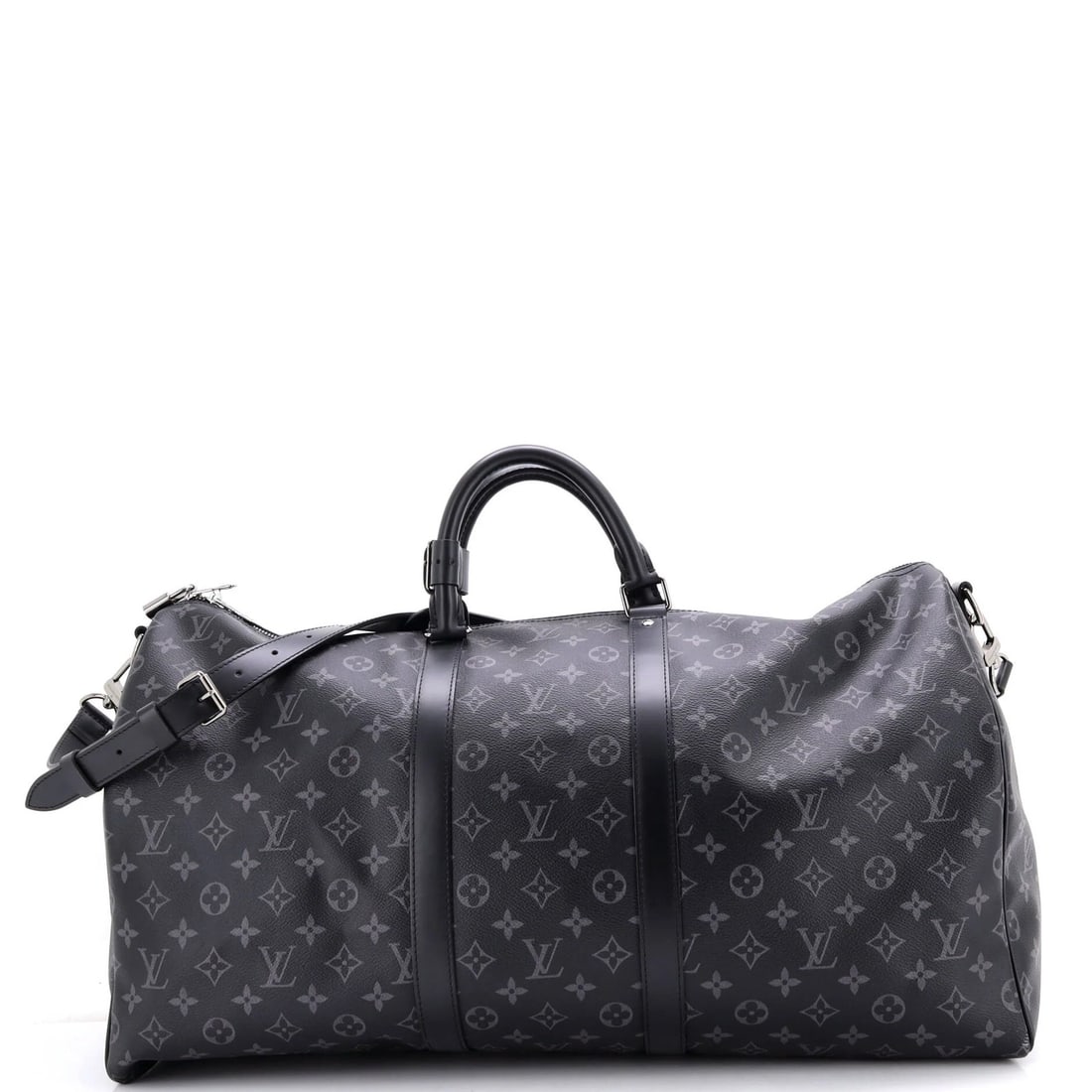 Louis Vuitton Keepall Bandouliere Bag Monogram Eclipse Canvas 55: Louis Vuitton Keepall Bandouliere Bag Monogram Eclipse Canvas 55 Black Louis Vuitton Keepall Bandouliere Bag Monogram Eclipse Canvas 55 with minor scuffs and creases, featuring a classic duffle design