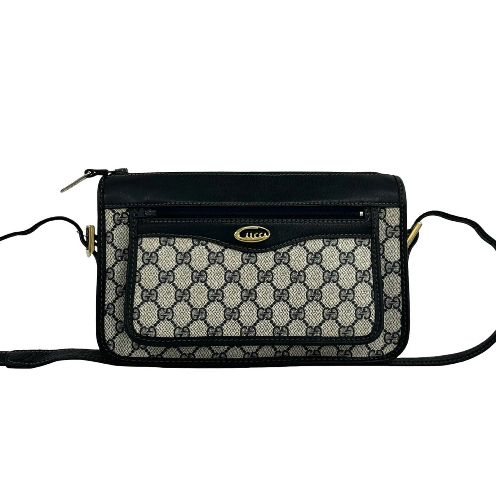 PVC leather bag shoulder pochette Gucci: PVC leather bag shoulder pochette Gucci Navy PVC leather Gucci pochette shoulder bag with distinctive design features. This stylish accessory boasts a unique blend of materials and colors, making it