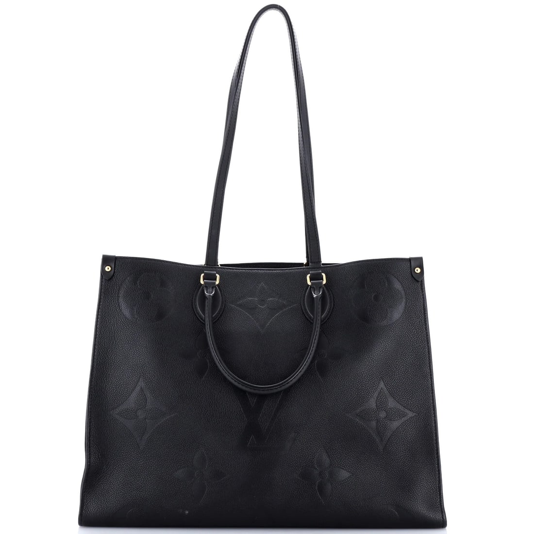 Louis Vuitton OnTheGo Tote Monogram Empreinte Giant GM: Louis Vuitton OnTheGo Tote Monogram Empreinte Giant GM Black Louis Vuitton OnTheGo Tote Monogram Empreinte Giant GM features heavy corner wear, scuffs, edge wear, and discoloration on its exterior. Th