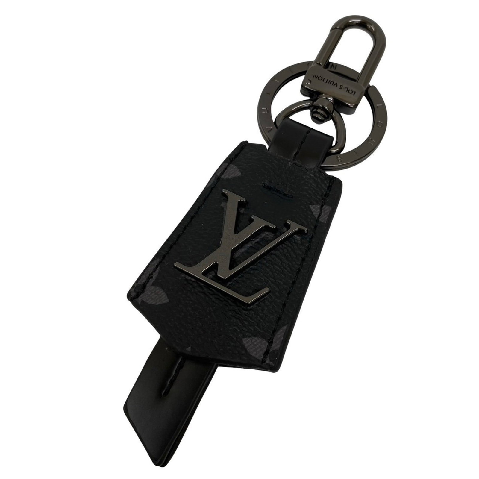 Keyring Leather Louis Vuitton: Keyring Leather Louis Vuitton Black leather keyring from Louis Vuitton, measuring 13.5cm x 4.5cm, comes with box and dust bag for storage. This keyring features high-quality leather construction and a