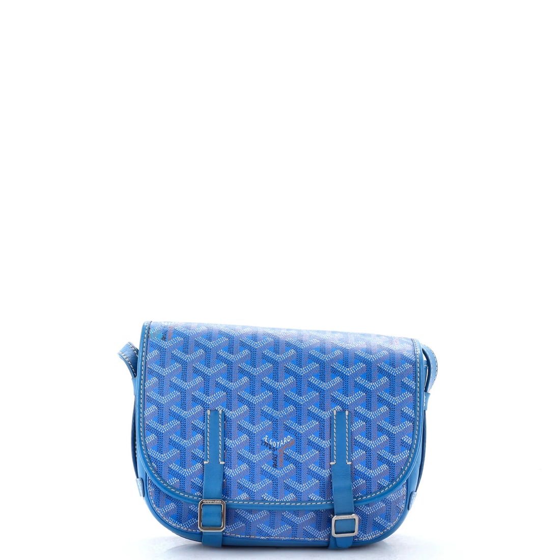 Goyard Belvedere Messenger Bag Coated Canvas with Leather PM: Goyard Belvedere Messenger Bag Coated Canvas with Leather PM The Goyard Belvedere Messenger Bag boasts a striking blue canvas exterior with a touch of elegance, complemented by yellow interior fabric