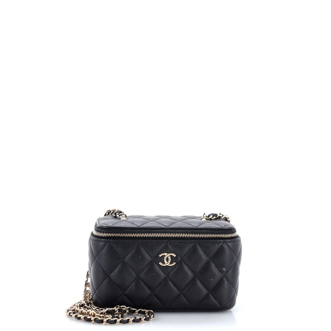 Chanel Tiny CC Link Vanity Case with Chain Quilted Caviar Small: Chanel Tiny CC Link Vanity Case with Chain Quilted Caviar Small The Chanel Tiny CC Link Vanity Case with Chain Quilted Caviar Small boasts a sleek black leather exterior, adorned with intricate chain 