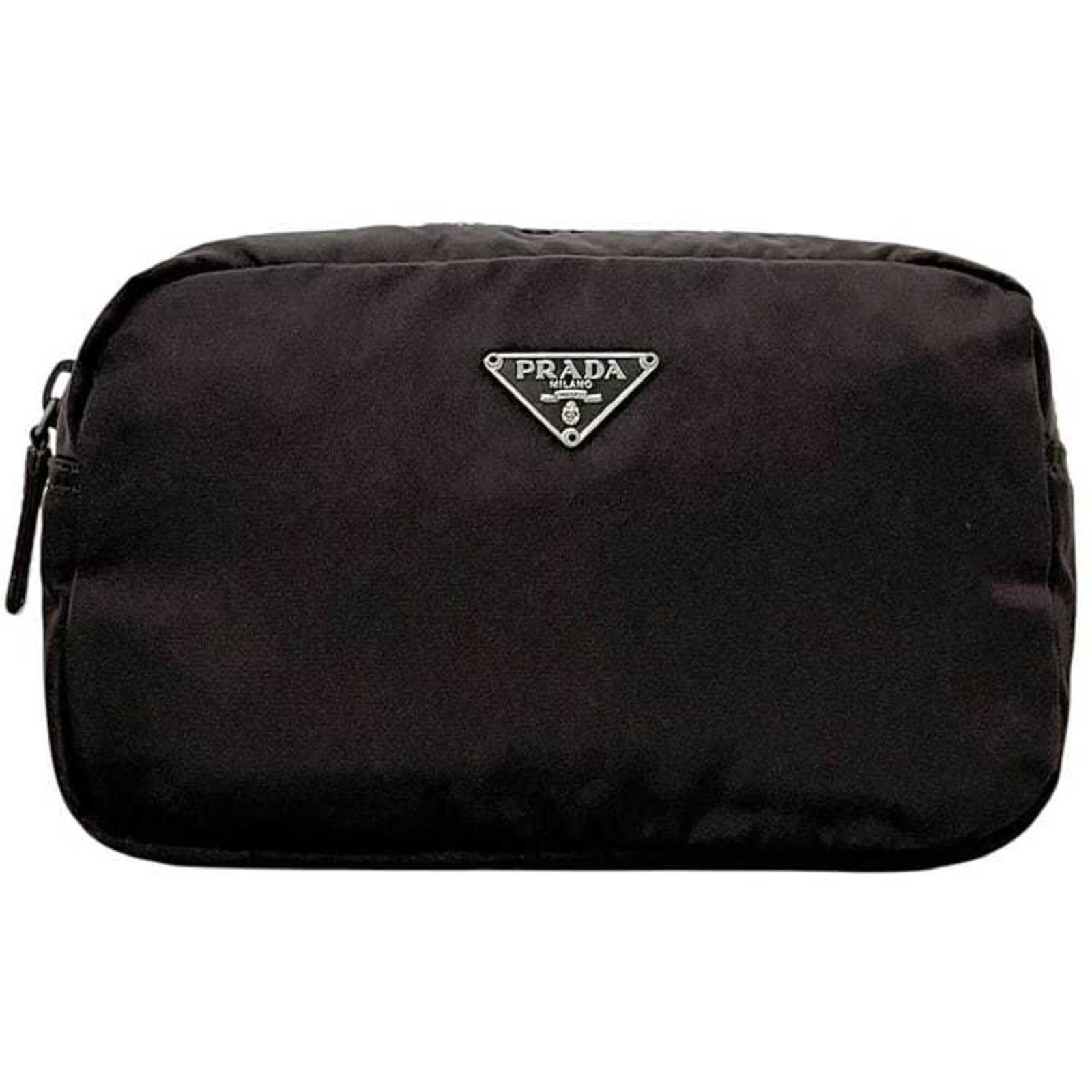 Nylon Pouch Prada: Nylon Pouch Prada This Prada Country nylon pouch features a rich brown and dark brown color combination, showcasing the brand's signature style. Made from high-quality nylon material, its compact size